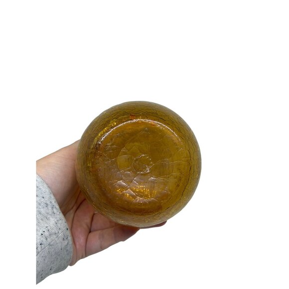 Vintage MCM Amber Blown Art Glass Crackle Vase Ruffled Neck 7.5" Textured Decor - Picture 5 of 7